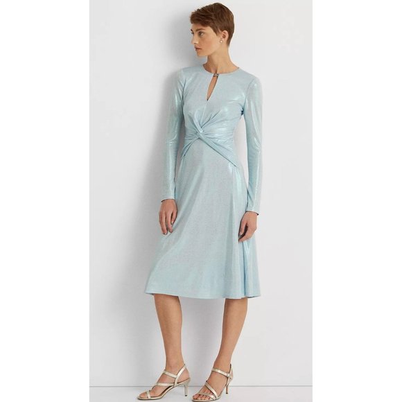 LAUREN RALPH LAUREN Long-Sleeve Foiled Jersey Dress Light Blue Size 2